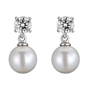 Genevive Delphine Classic Midi Drop Earrings Womens Pearl Cubic‎ Zirconia Silver